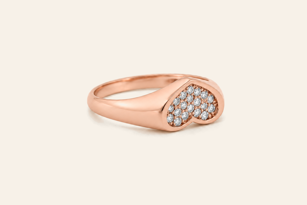 14K Gold Natural Diamond Heart Signet Ring