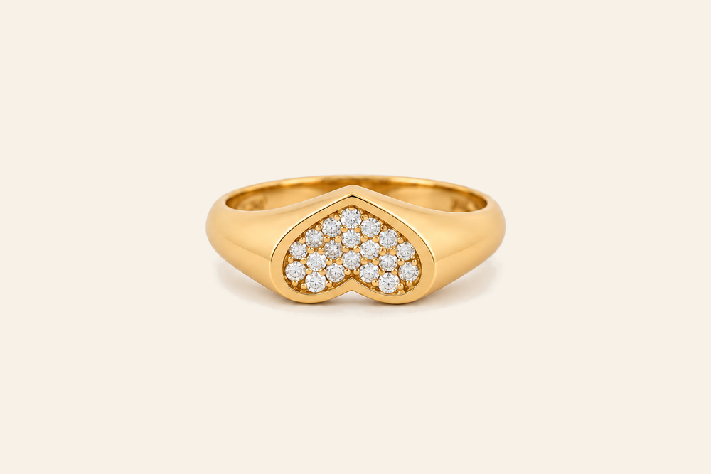 14K Gold Natural Diamond Heart Signet Ring