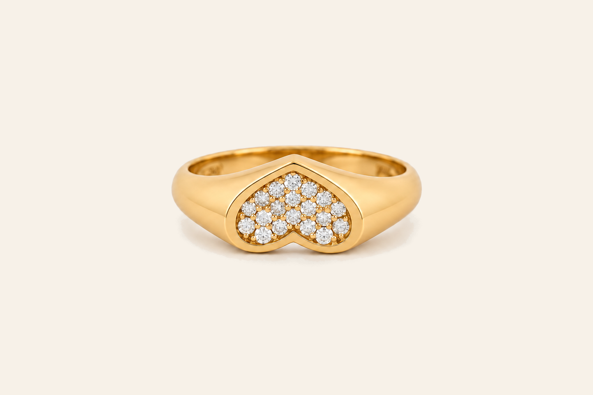 14K Gold Natural Diamond Heart Signet Ring