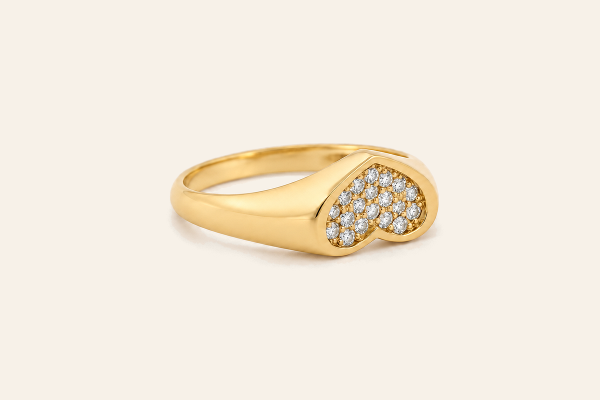 14K Gold Natural Diamond Heart Signet Ring