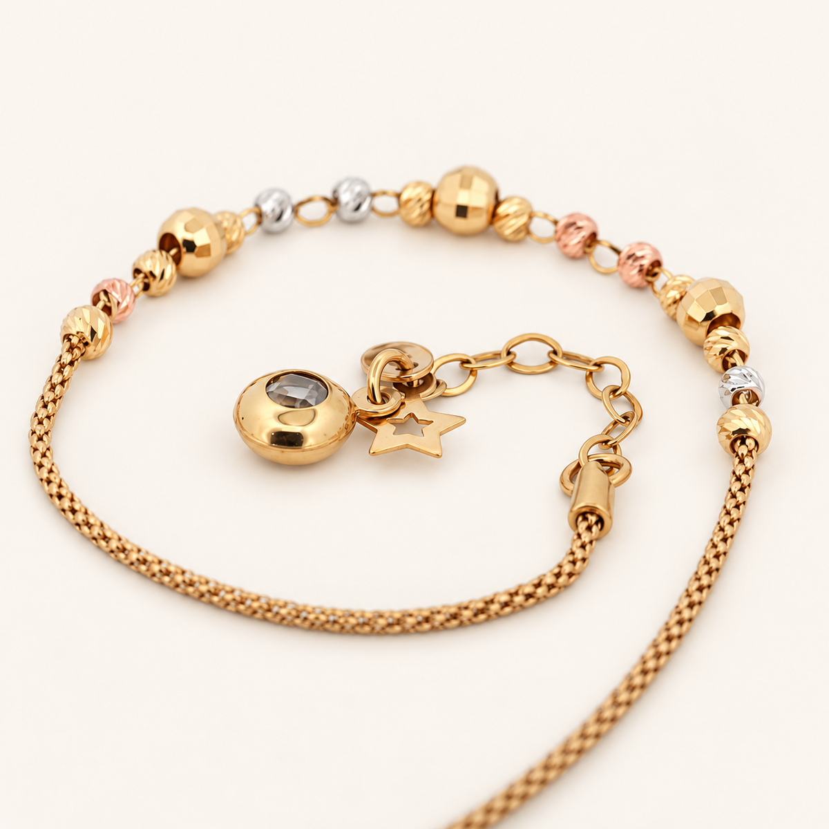 10K Gold Three-Tone Bead-and-Star Charm Bracelet — view 3