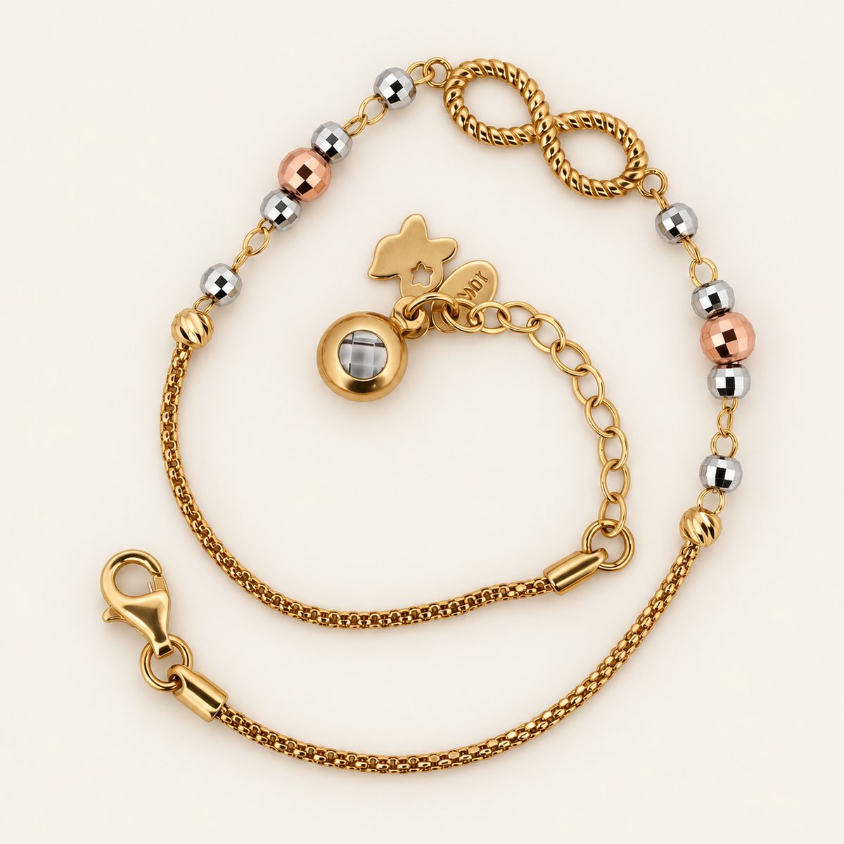 10K Gold Bead-and-Star Charm Bracelet — original three-tone finish