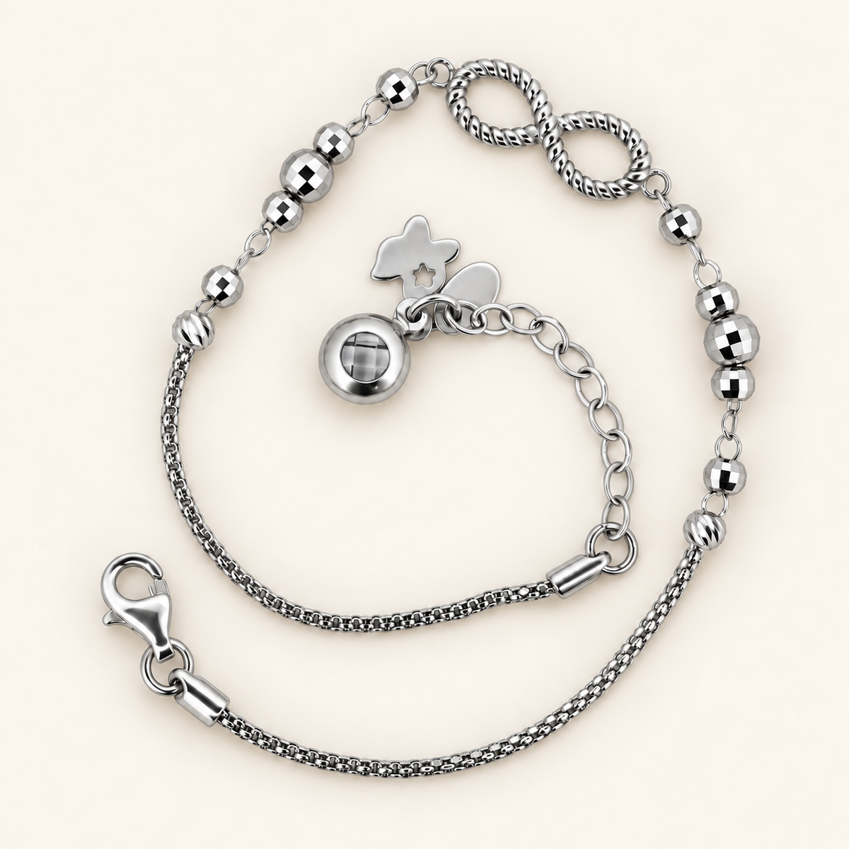 10K Gold Bead-and-Star Charm Bracelet — White Gold