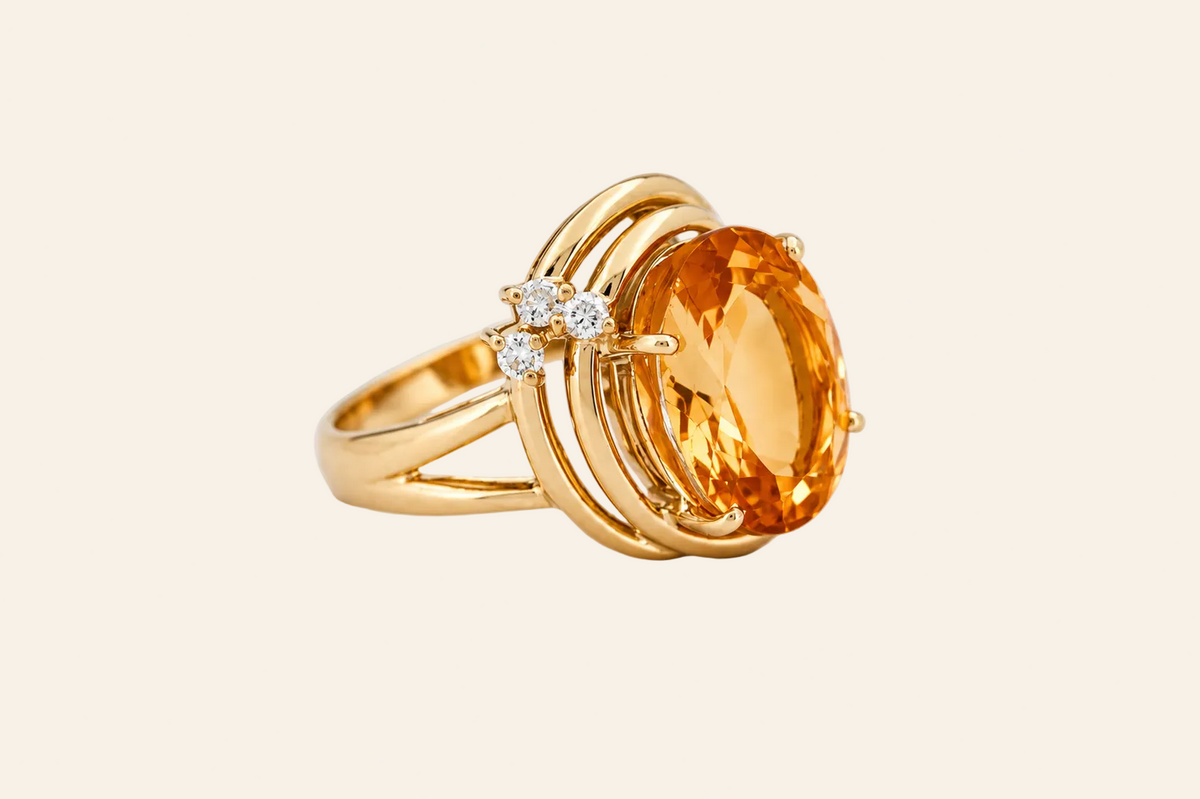 18K Gold Oval Citrine & Diamond Ring