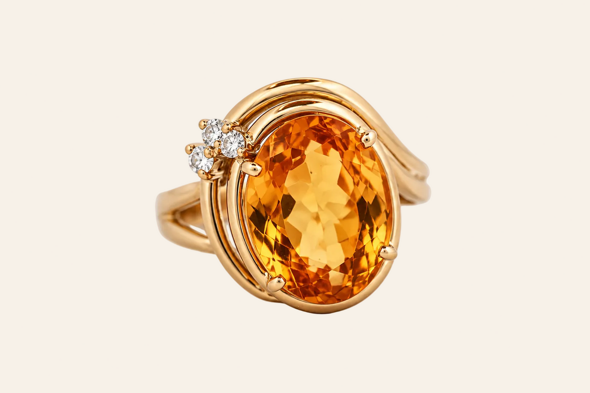 18K Gold Oval Citrine & Diamond Ring