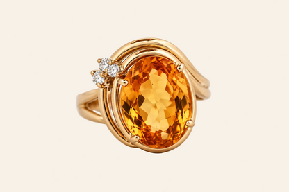 18K Gold Oval Citrine & Diamond Ring