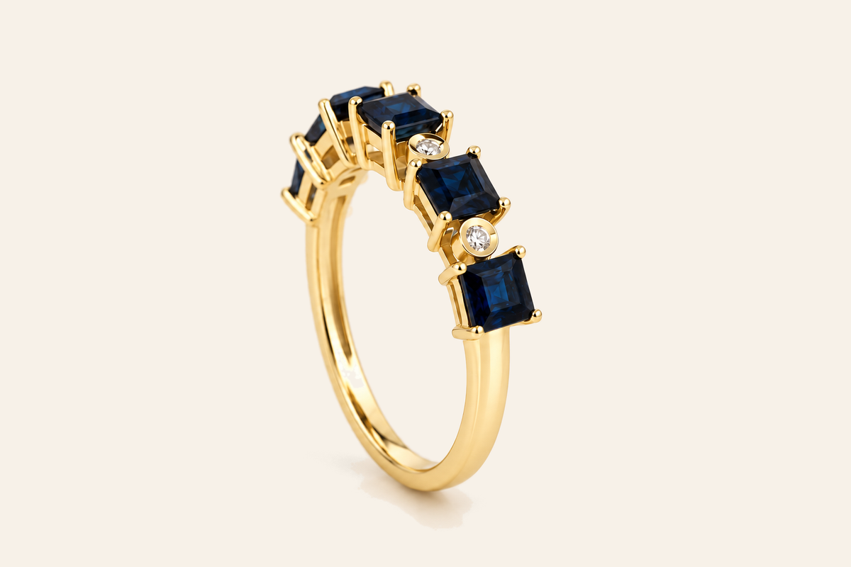 14K Gold Sapphire & Diamond Band Ring