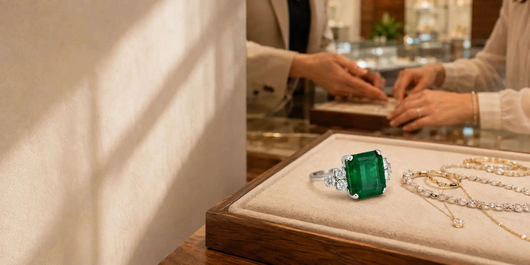 Emerald and diamond ring displayed during a private jewelry consultation